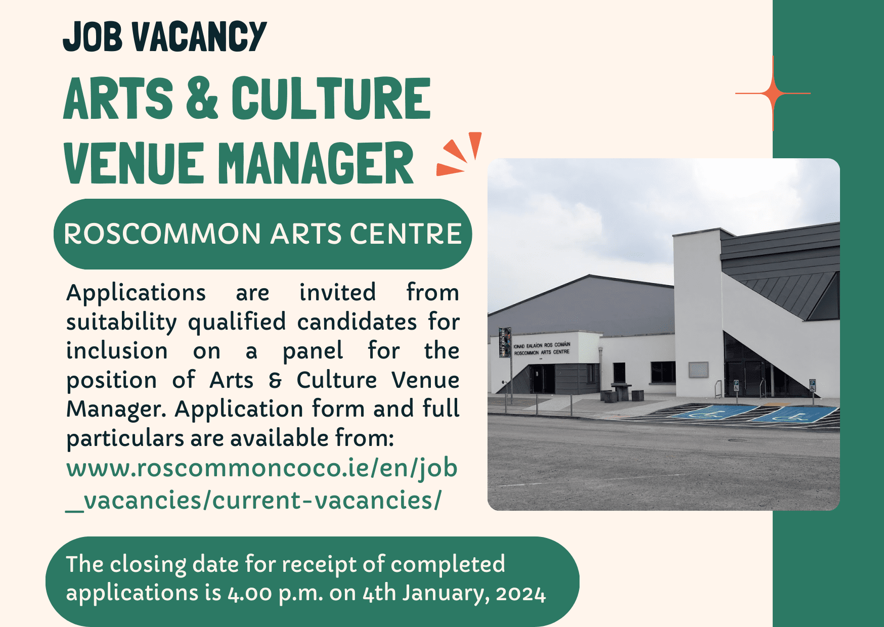 JOB OPPORTUNITY ARTS & CULTURE VENUE MANAGER Arts Centre